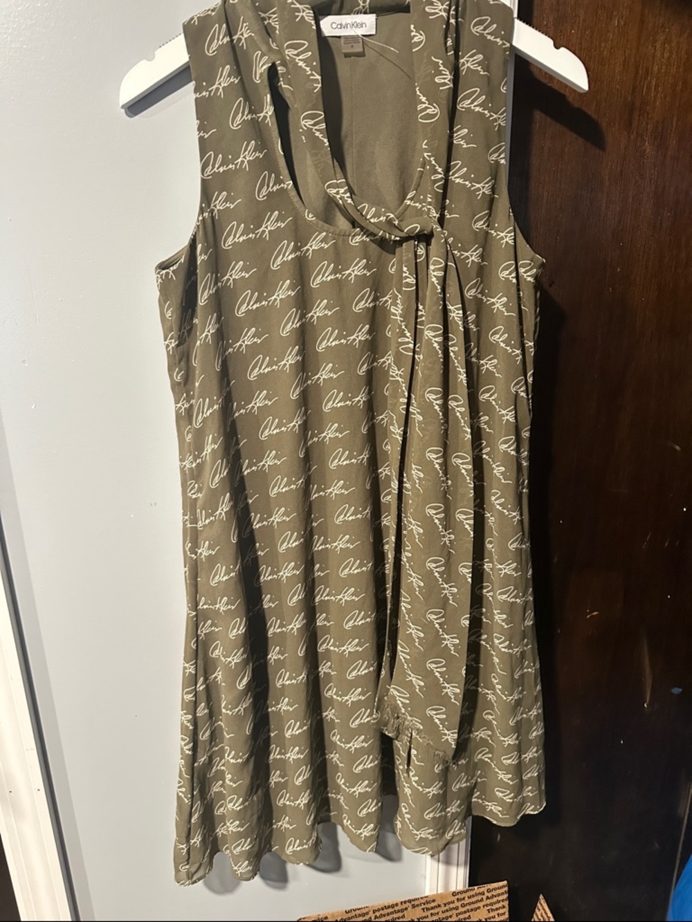 Calvin Klein Olive Script Tie-Neck Sundress